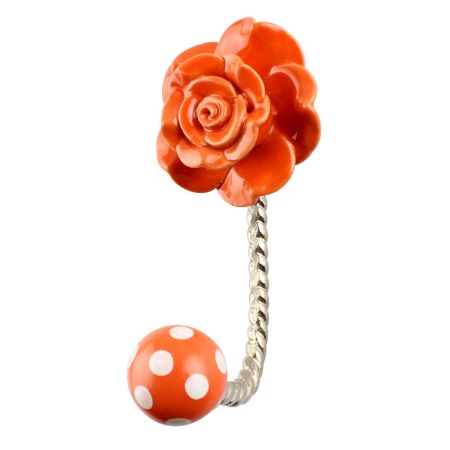 Orange Rose Flower Ceramic Wall Hook in Silver Fitting
